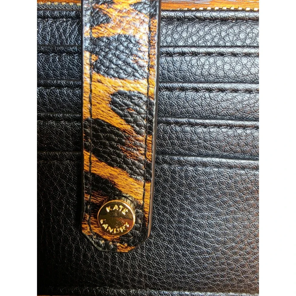 Kate Landry Black Pebbled Leather Card Holder Wallet Leopard Print Accents Slim